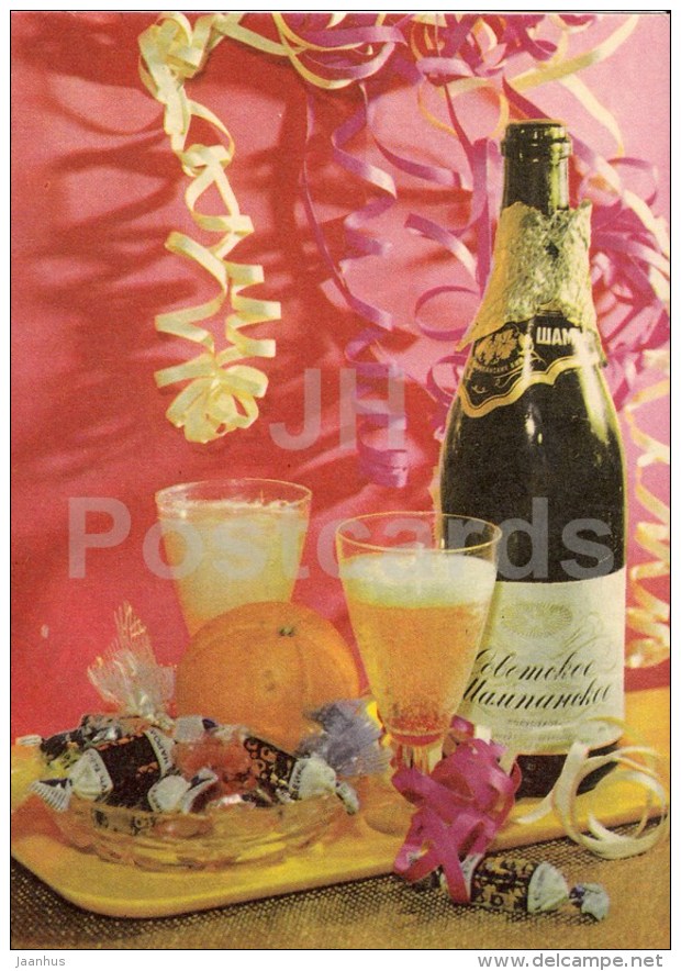 New Year Greeting card - soviet champange - candies - decorations - 1971 - Estonia USSR - used - JH Postcards