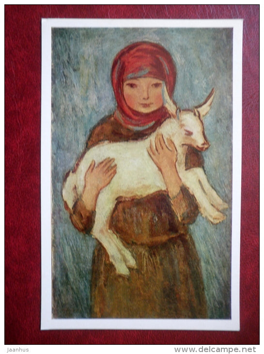 painting by N. Chernyshov , Young Collective Farmer , Girl with a Kid , 1929 - russian art  - unused - JH Postcards