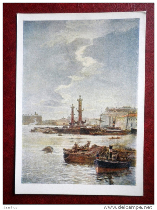 painting by A. Beggrov , St. Petersburg Stock Exchange - river - boats - russian art - unused - JH Postcards