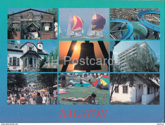 Balaton - sailing boat - hotel - multiview - 1990s - Hungary - used - JH Postcards