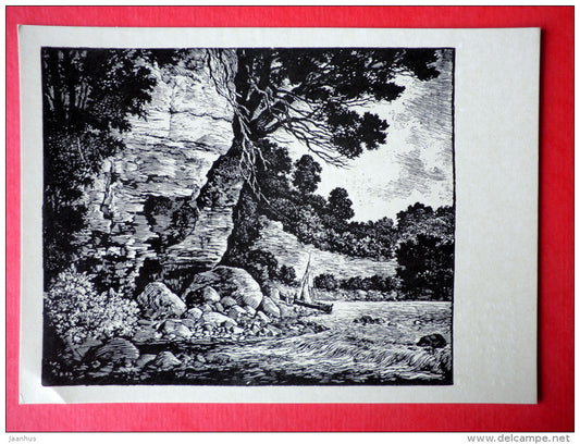 engraving by Arturs Duburs - On the Banks of the Daugava - sailing boat - latvian art - unused - JH Postcards