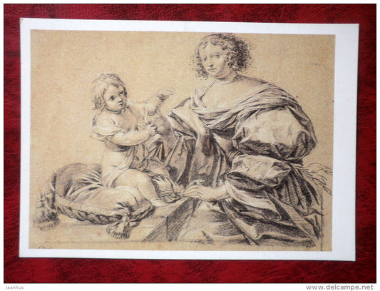 Drawing by Simon Vouet - Young Lady and Her Child - french art - unused - JH Postcards