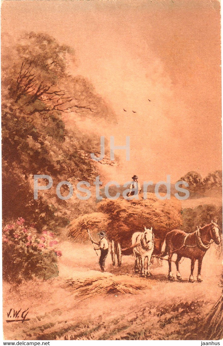 farm life - horse carriage - haymaking - illustration - J W G 744/2 - old postcard - unused - JH Postcards