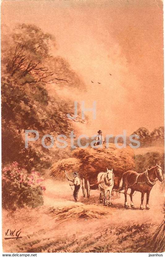 farm life - horse carriage - haymaking - illustration - J W G 744/2 - old postcard - unused - JH Postcards