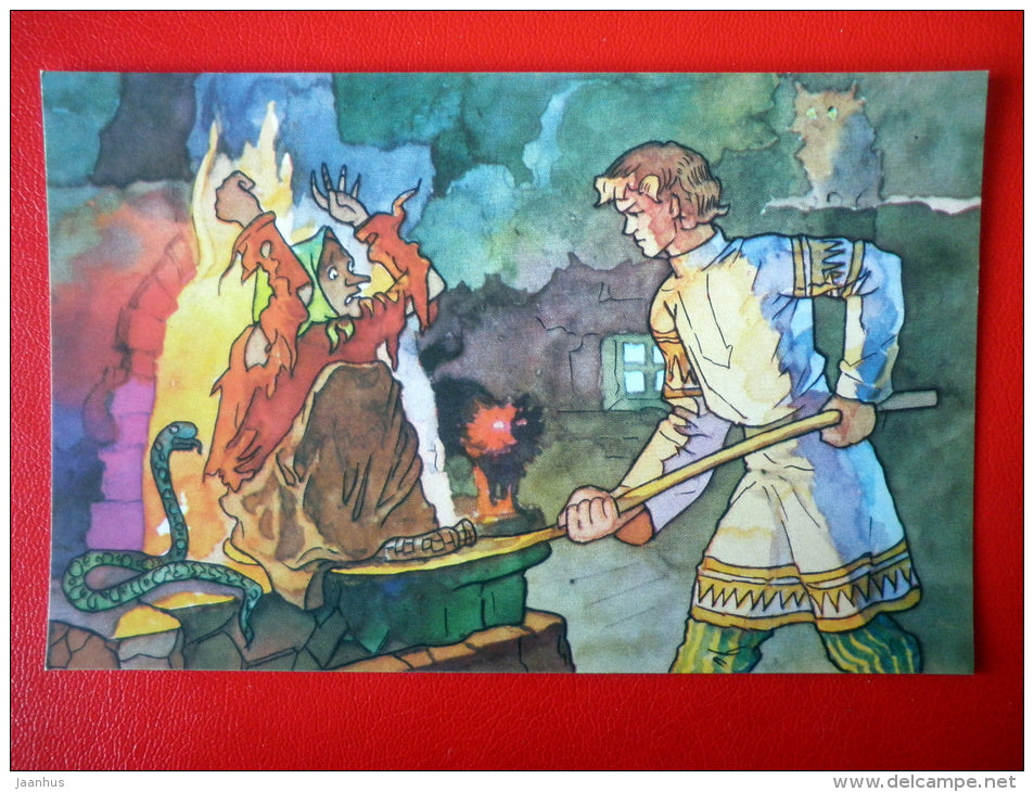 illustration by A. Klopotovsky - Baba-Yag - snake - russian Fairy Tale - Morozko - cartoon - 1984 - Russia USSR - unused - JH Postcards