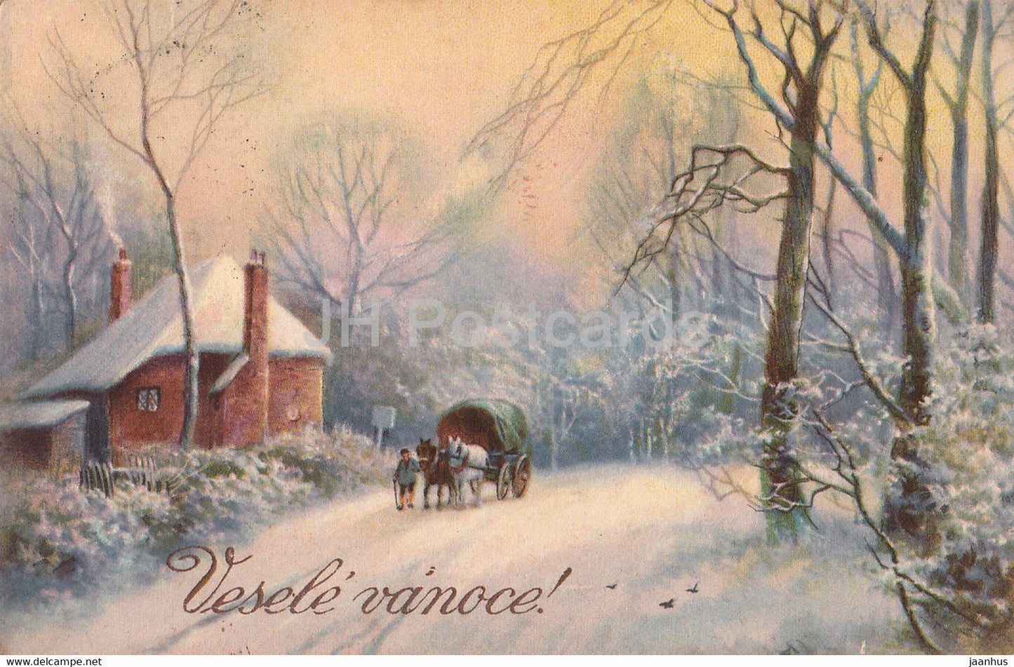 Christmas Greeting Card - Vesele vanoce - horse carriage - illustration - 1414 - old postcard - Czech Republic - used - JH Postcards