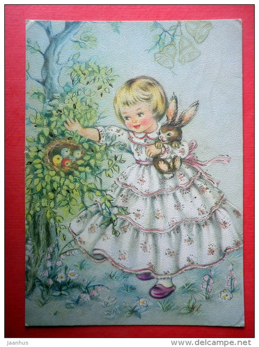 Easter Greeting Card - girl - hare - chick - nestlings - 3795 - Finland - sent from Finland Turku to Estonia USSR 1981 - JH Postcards