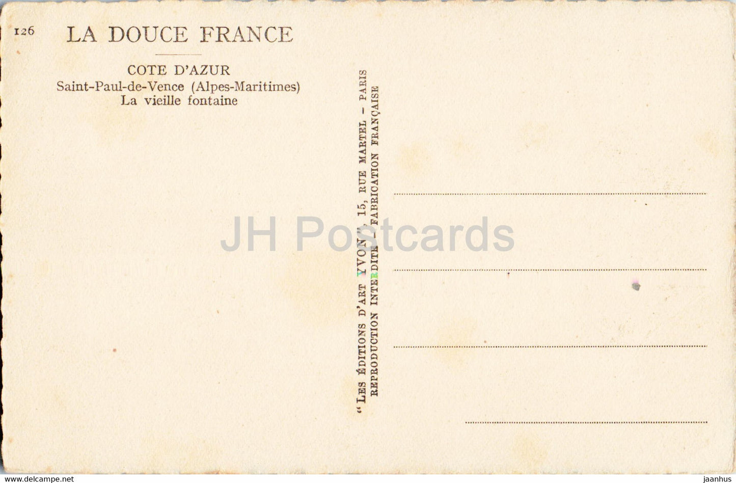 Cote d'Azur - Saint Paul de Vence - La vieille Fontaine - Illustration - 126 - alte Postkarte - Frankreich - unbenutzt