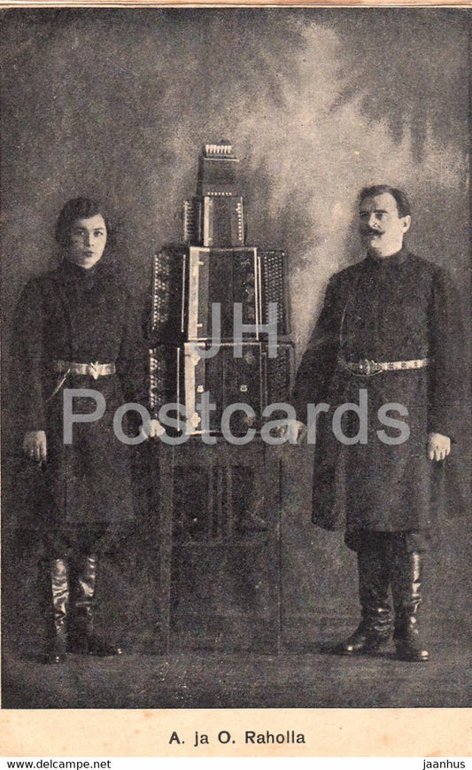 A ja O Raholla - musicians - bayan - accordion - old postcard - Estonia - used - JH Postcards