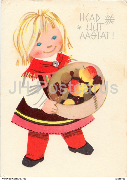 New Year Greeting card by L. Harm - girl in folk costumes - apple - candies - 1966 - Estonia USSR - unused - JH Postcards