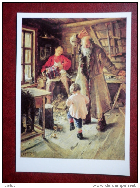 painting by Antonina Rzhevskaya , Merry Minute , 1897 - squiffer - joiner`s room - russian art - unused - JH Postcards