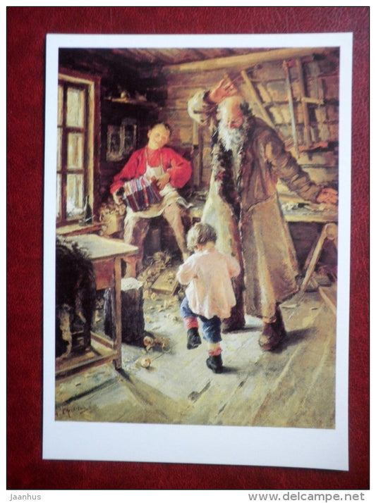 painting by Antonina Rzhevskaya , Merry Minute , 1897 - squiffer - joiner`s room - russian art - unused - JH Postcards