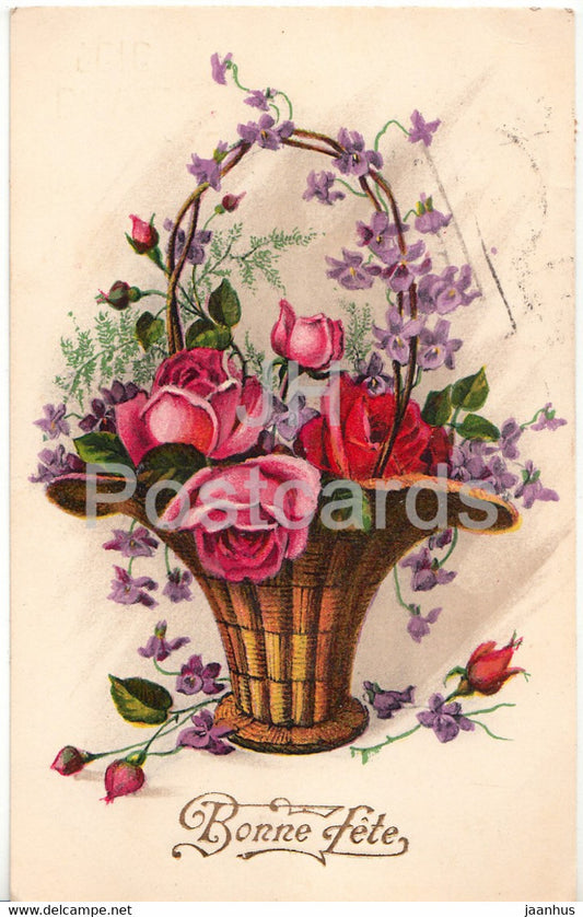 Birthday Greeting Card - Bonne Fete - flowers in a basket - La Rose - illustration - old postcard - 1937 - France - used - JH Postcards