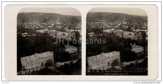 city view - park - restaurant - Kislovodsk - Caucasus - Russia - Russie - stereo photo - stereoscopique - old photo - JH Postcards