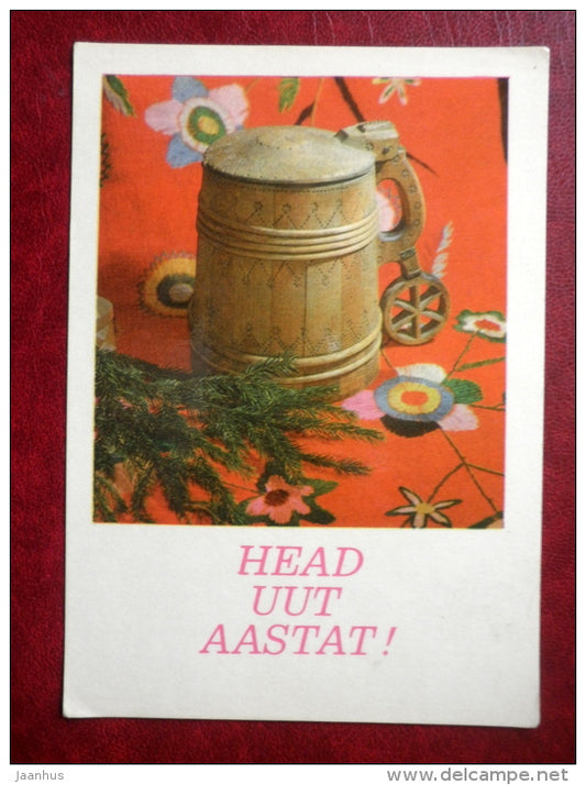 New Year Greeting card - old beer mug - 1974 - Estonia USSR - used - JH Postcards