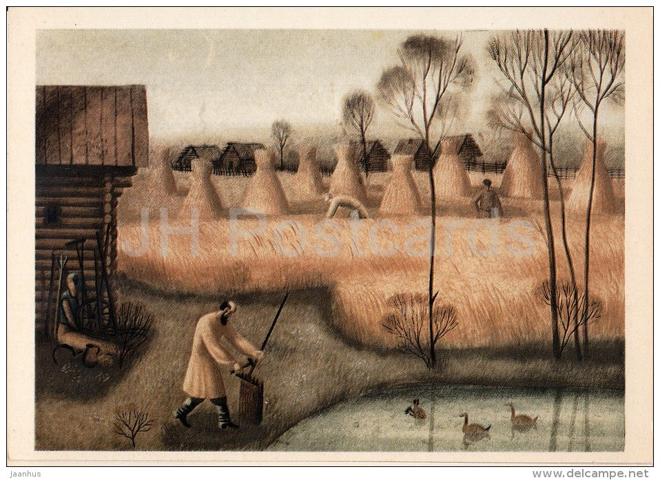 illustration by K. Sokolov - harvest - In the Land of Unfrightened Birds by M. Prishvin - 1979 - Russia USSR - unused - JH Postcards