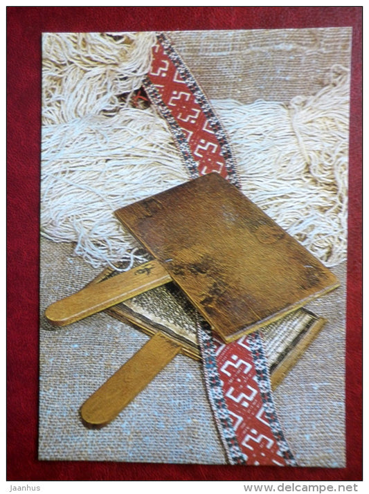 New Year Greeting card - composition - belt of national costumes - 1989 - Estonia USSR - used - JH Postcards