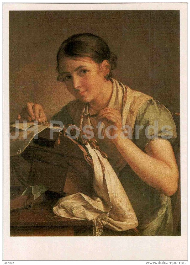 painting by V. Tropinin - Lace-maker , 1823 - Russian art - unused - JH Postcards