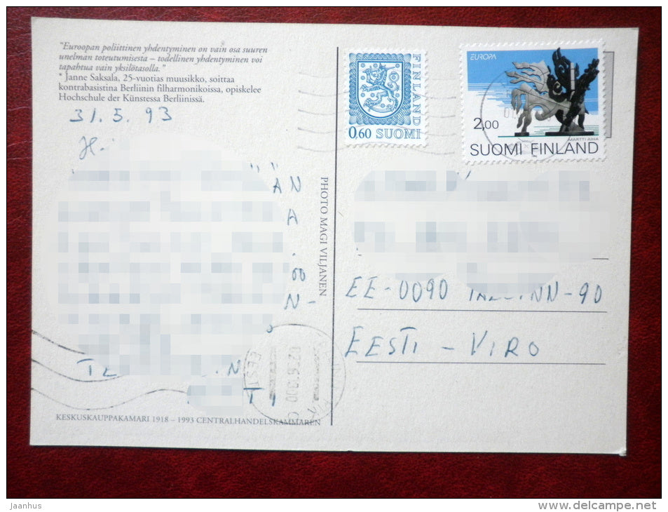 musician - double bass - Nuorten Europe Ungdomarnas - sent from Finland to Estonia in 1993 - Europa stamp - used - JH Postcards
