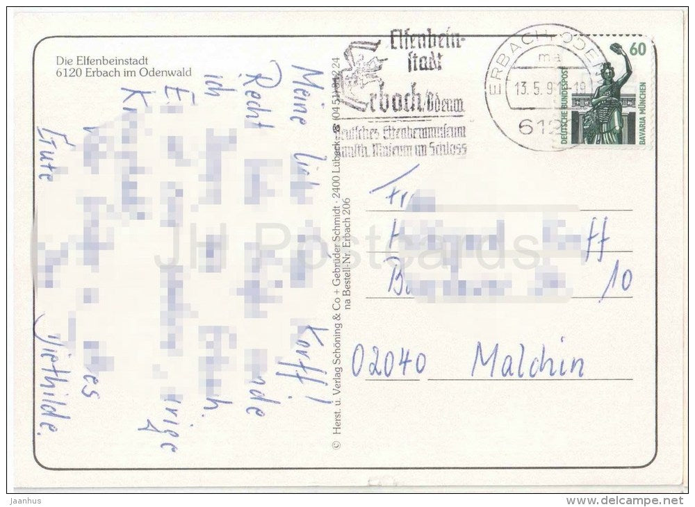 Grüsse aus Elfenbeinstadt Erbach im Odenwald - Germany - 1991 gelaufen - JH Postcards