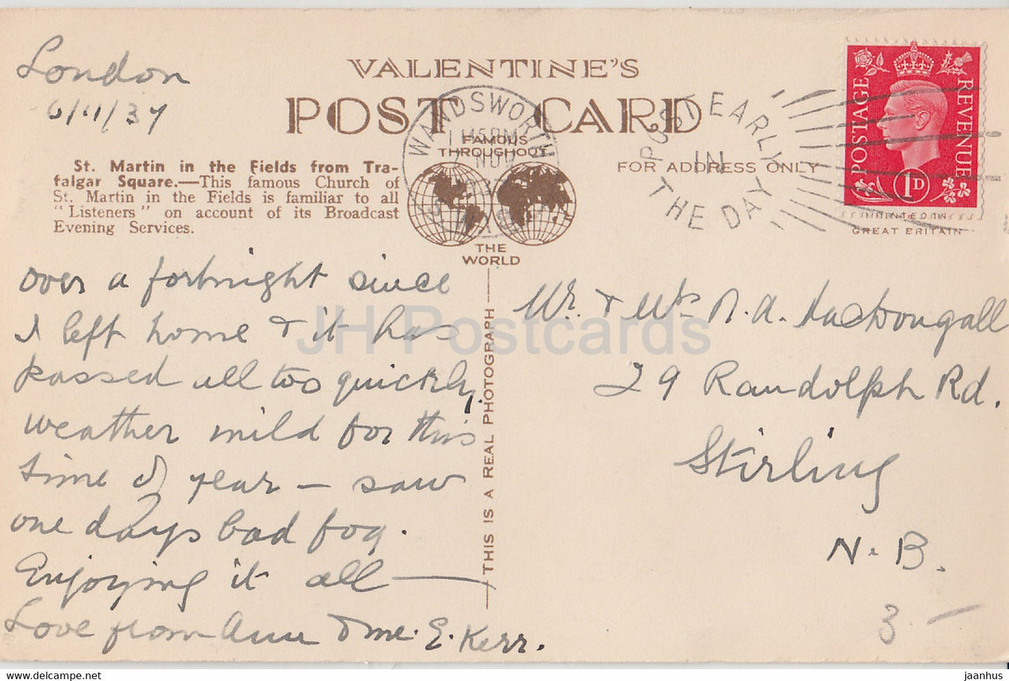 London - St Martin in the Fields  - Trafalgar Square - Valentine - old postcard - 1934 - England - United Kingdom - used