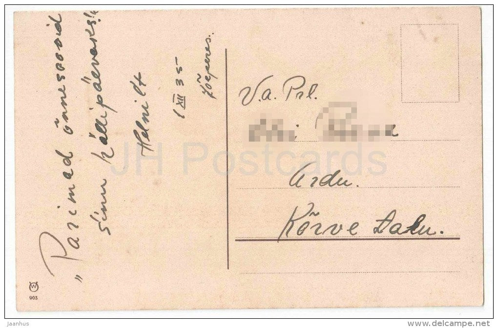 Birthday Greeting Card - Carnation - flowers - WO 903 - old postcard - circulated in Estonia 1935 - JH Postcards
