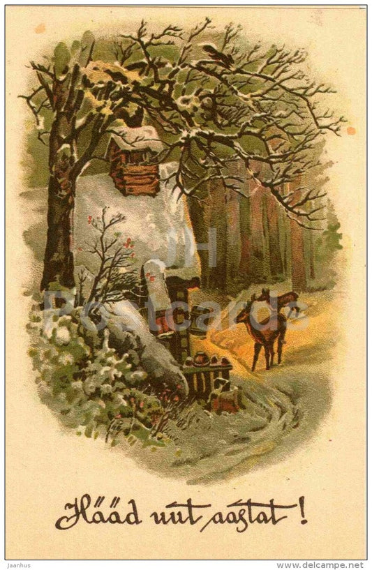 New Year Greeting Card - forest house - deer - REPRODUCTION ! - 1988 - Estonia USSR - unused - JH Postcards