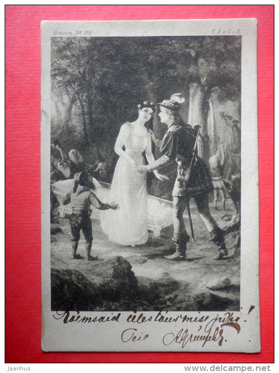 illustration - Snow White and the Seven Dwarfs - Gravure nr 116 - circulated in Estonia Wesenberg Imperial Russia 1907 - JH Postcards