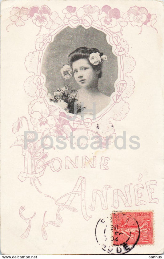 New Year Greeting Card - Bonne Annee - woman - old postcard - 1904 - France - used - JH Postcards