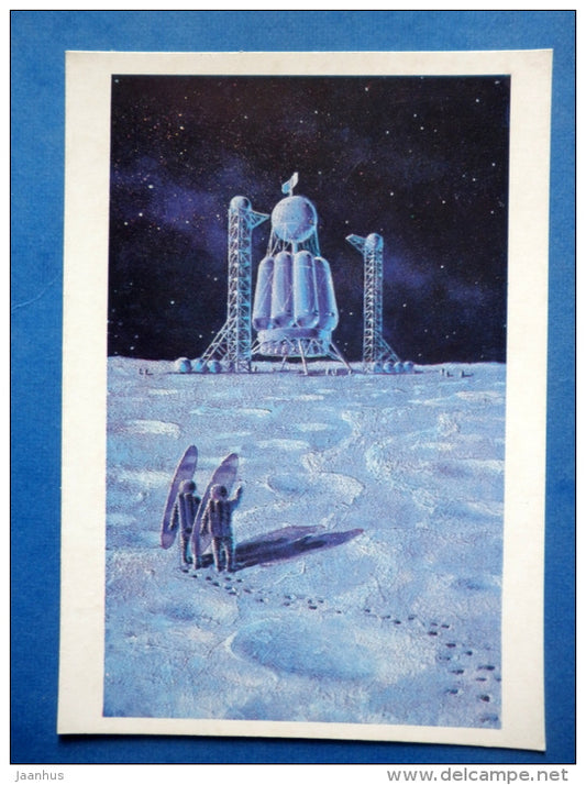illustration by A. Sokolov - Launching Site on the Moon - spaceship - cosmonauts - Russia USSR - 1973 - unused - JH Postcards