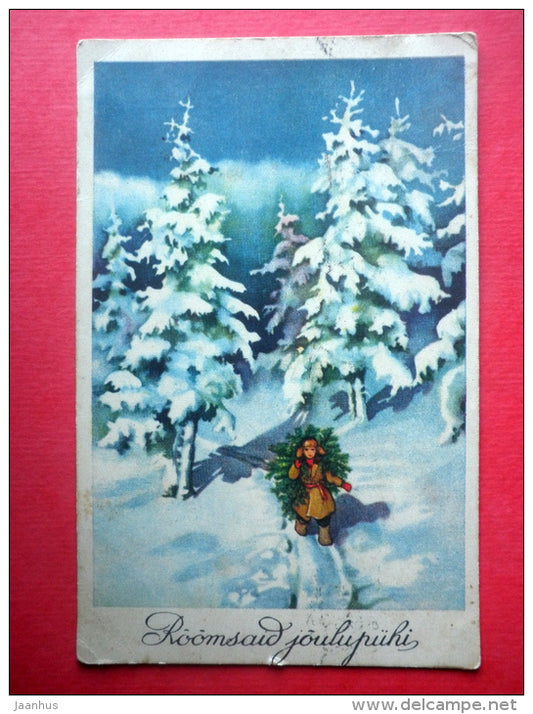 christmas greeting card - winter - forest - christmas tree - IL - circulated in Estonia Tartu 1938 - JH Postcards