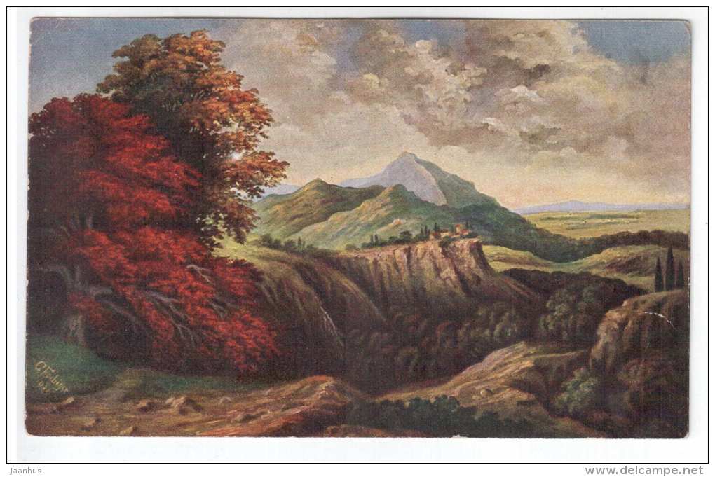 illustration by Fiebiger - mountain , trees - Amag 379 - old postcard - circulated in Estonia 1925 , Rakvere -  used - JH Postcards