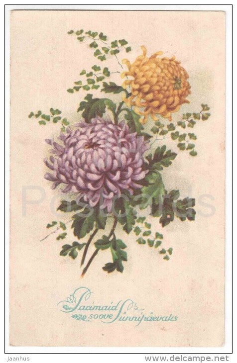 Birthday Greeting Card - chrysanthemum - flowers - old postcard - circulated in Estonia 1935 - JH Postcards