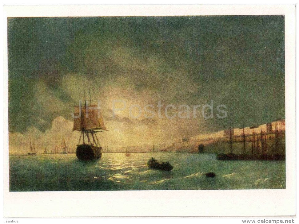 painting by Ivan Aivazovsky - Odessa viewin Moonlight , 1846 - sailing ship - boat - russian art - unused - JH Postcards
