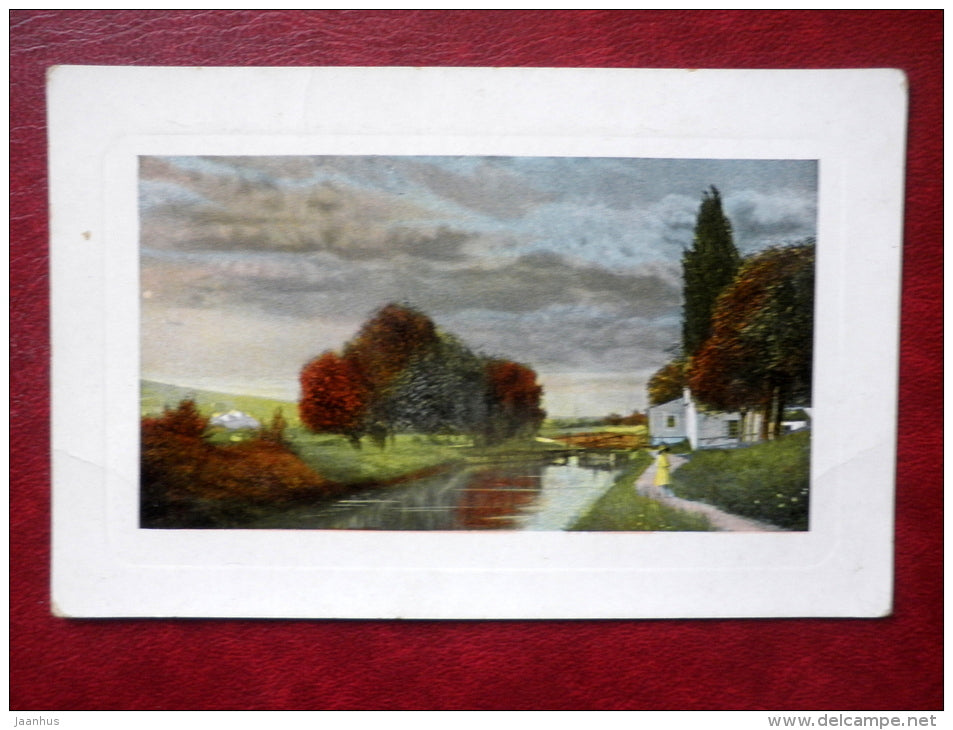 painting - river - view - 3087 - old postcard - unused - JH Postcards