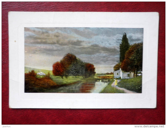 painting - river - view - 3087 - old postcard - unused - JH Postcards