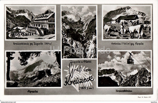Gruss vom Kreuzeck - Kreuzeckhaus - Hochalm - Alpspitze - cable car - old postcard - Germany - unused - JH Postcards