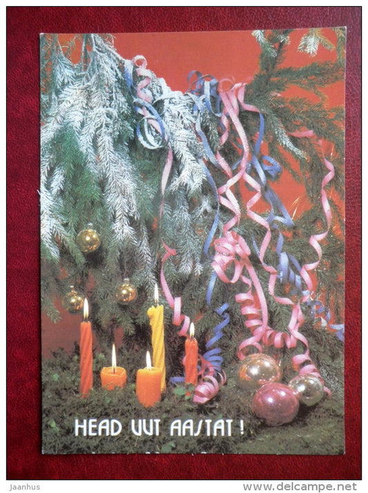 New Year Greeting card - decorations - candles - 1989 - Estonia USSR - used - JH Postcards