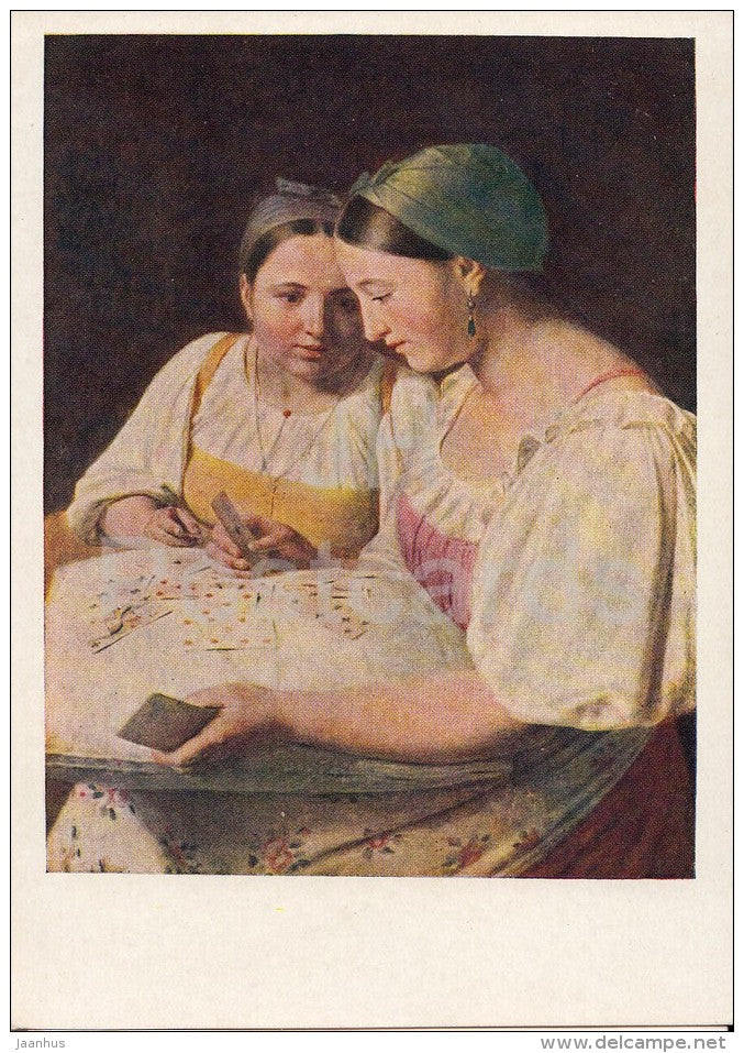 painting by A. Venetsianov - Card reading , 1842 - Russian art - 1956 - Russia USSR - unused - JH Postcards