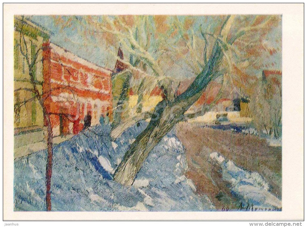 painting by A. Motorin - Spring on the Ulyanov street , 1969 - russian art - unused - JH Postcards