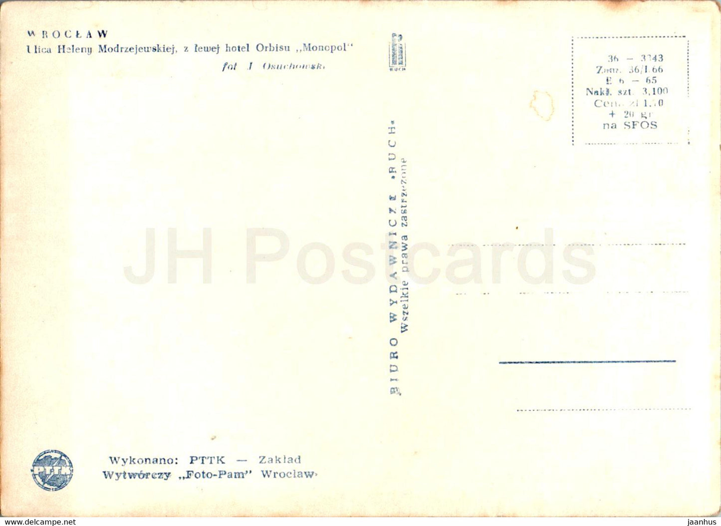 Wroclaw - Ulica Heleny Modrzejewskiej - hotel Orbisu Monopol - street - old postcard - Poland - unused