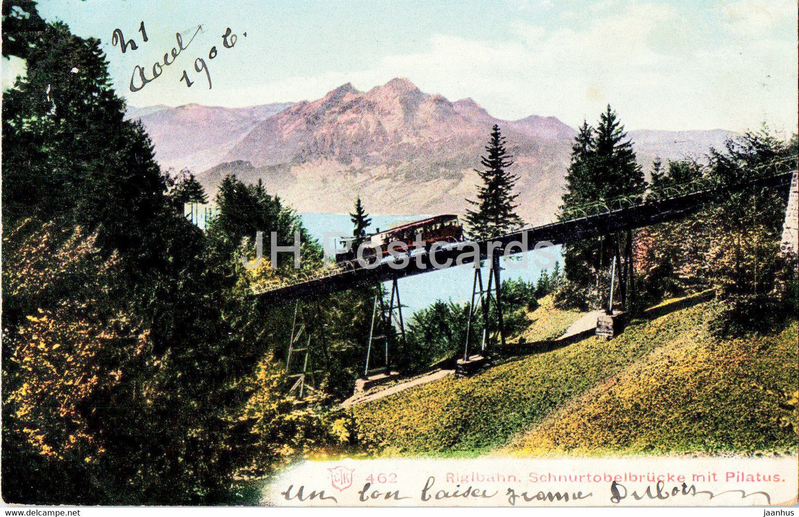 Rigibahn - Schnurtobelbrucke mit Pilatus - funicular - 462 - old postcard - 1906 - Switzerland - used - JH Postcards