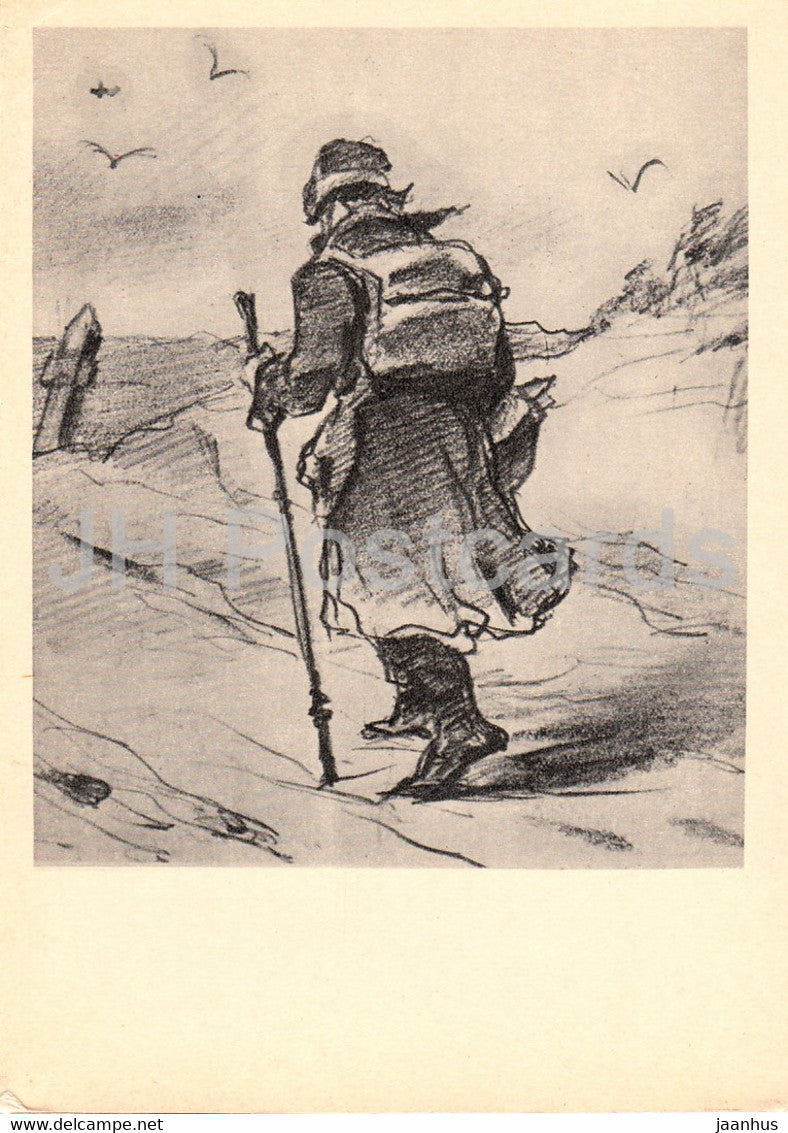 drawing by V. Perov - Traveler - Russian art - 1962 - Russia USSR - unused - JH Postcards