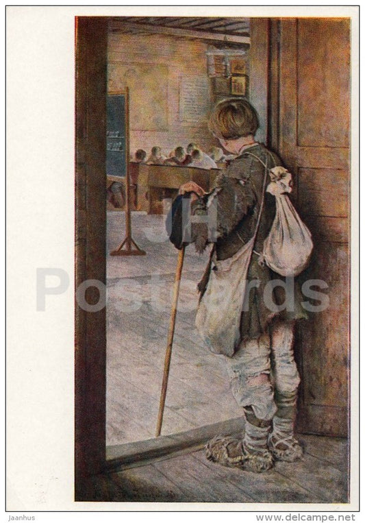 Painting by N. Bogdanov-Belsky - At the door of the school , 1897 - boy Russian art - Russia USSR - 1960 - unused - JH Postcards
