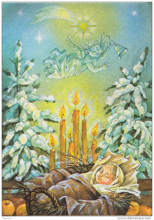 New Year Greeting card by Vera Stanishevskaya - 1 - baby - cradle - angel - 1990 - Estonia USSR - used - JH Postcards