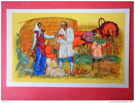 illustration by K. Andrianov - horse carriage - family - Frost the Red Nose by S. Saharnov - 1971 - Russia USSR - unused - JH Postcards
