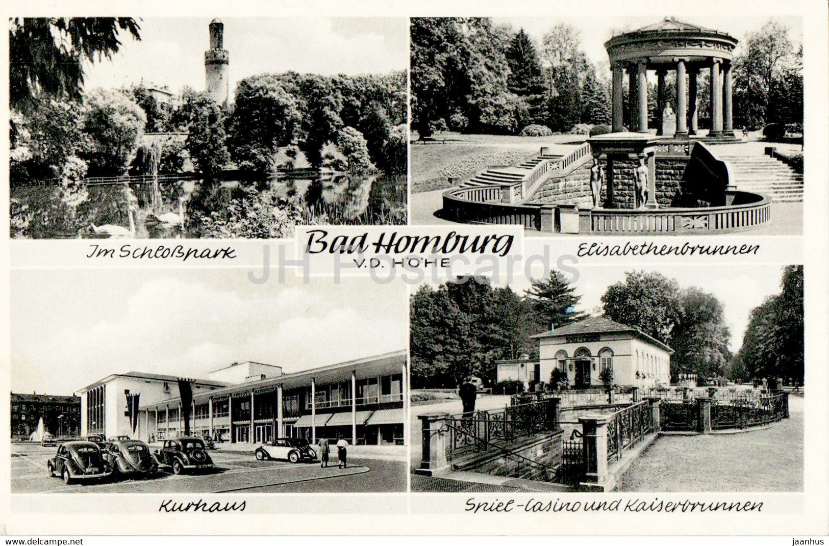 Bad Homburg - Schlosspark - Elisabethenbrunnen - Kurhaus - Spiel Casino - old car - old postcard - 1953 - Germany - used - JH Postcards