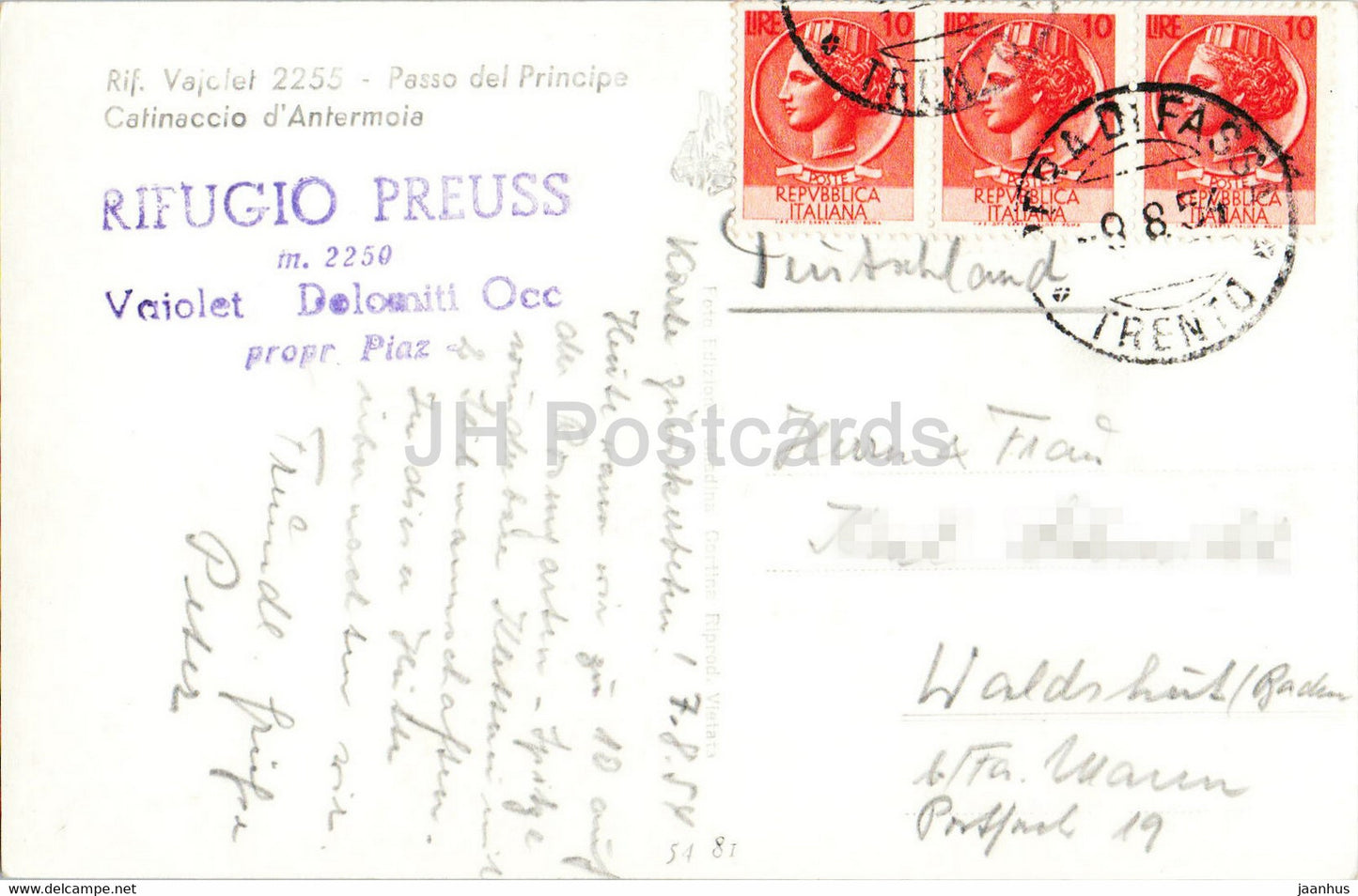 Rif Vajolet 2255 - Passo del Principe - Catinaccio d'Antermoia - carte postale ancienne - 1954 - Italie - occasion