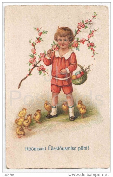 Easter Greeting Card - boy - eggs - chicken - Amag 1707 - circulated in Estonia Tallinn 1929 - JH Postcards