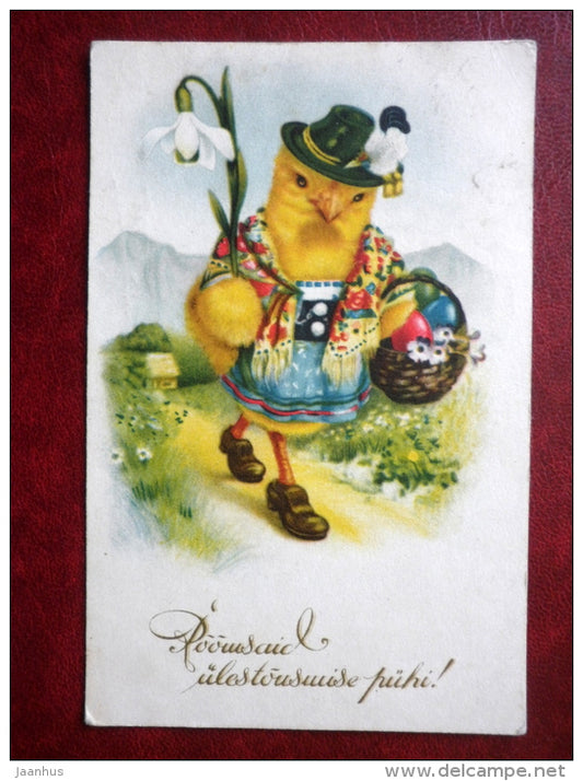 Easter Greeting Card - chicken - eggs - flowers - circulated in 1938 - Estonia - used - JH Postcards